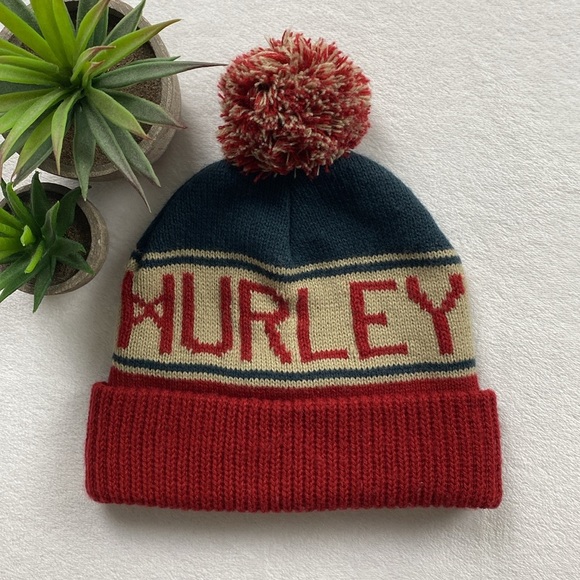 Hurley Striped Color Block Acrylic Knit Cuff Pom Beanie (Red/Blue/Cream) - Picture 2 of 9